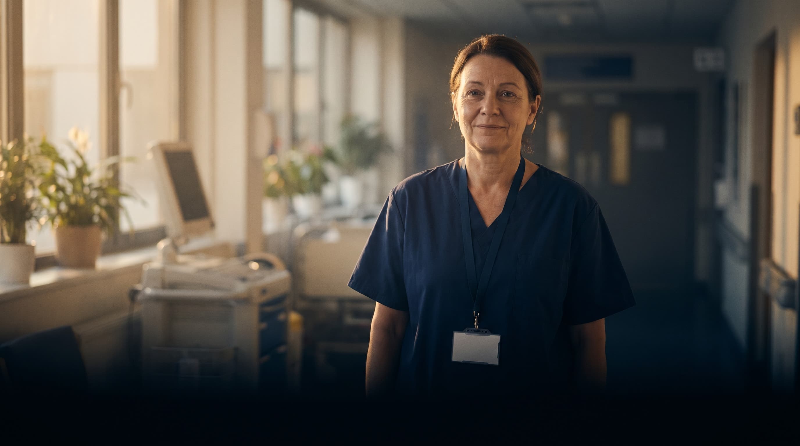 A nurse in scrubs standing in a warm hospital corridor, looking to camera.