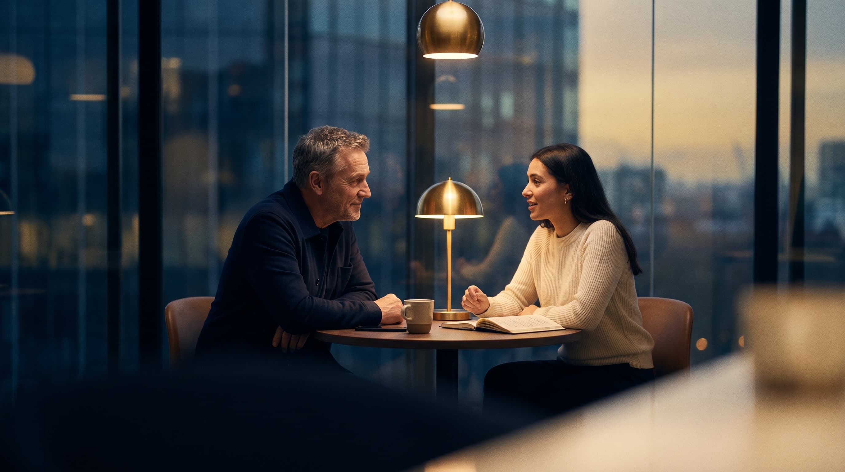 A manager and an employee in a warm one-on-one conversation at a small table in a modern office at dusk.