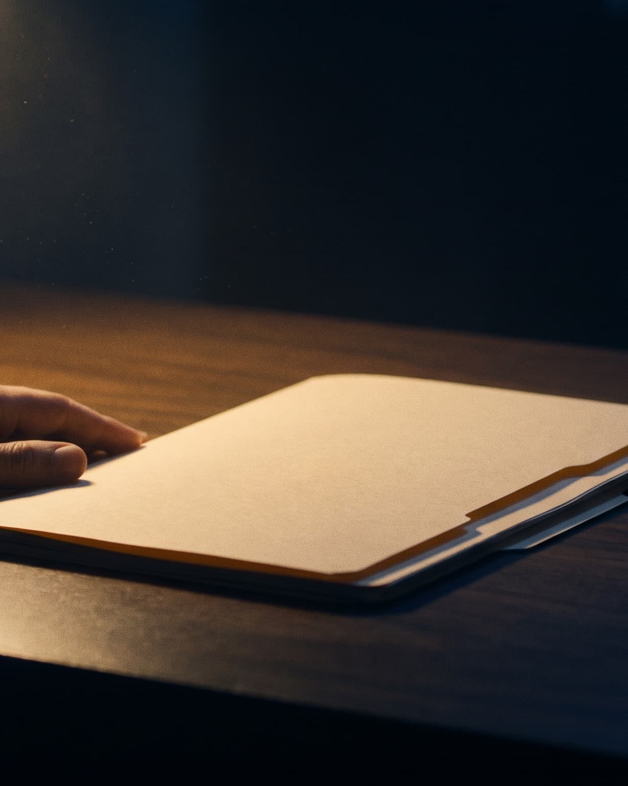 A single closed manila folder on a desk at night, lit by a warm desk lamp, a coffee cup and reading glasses beside it.