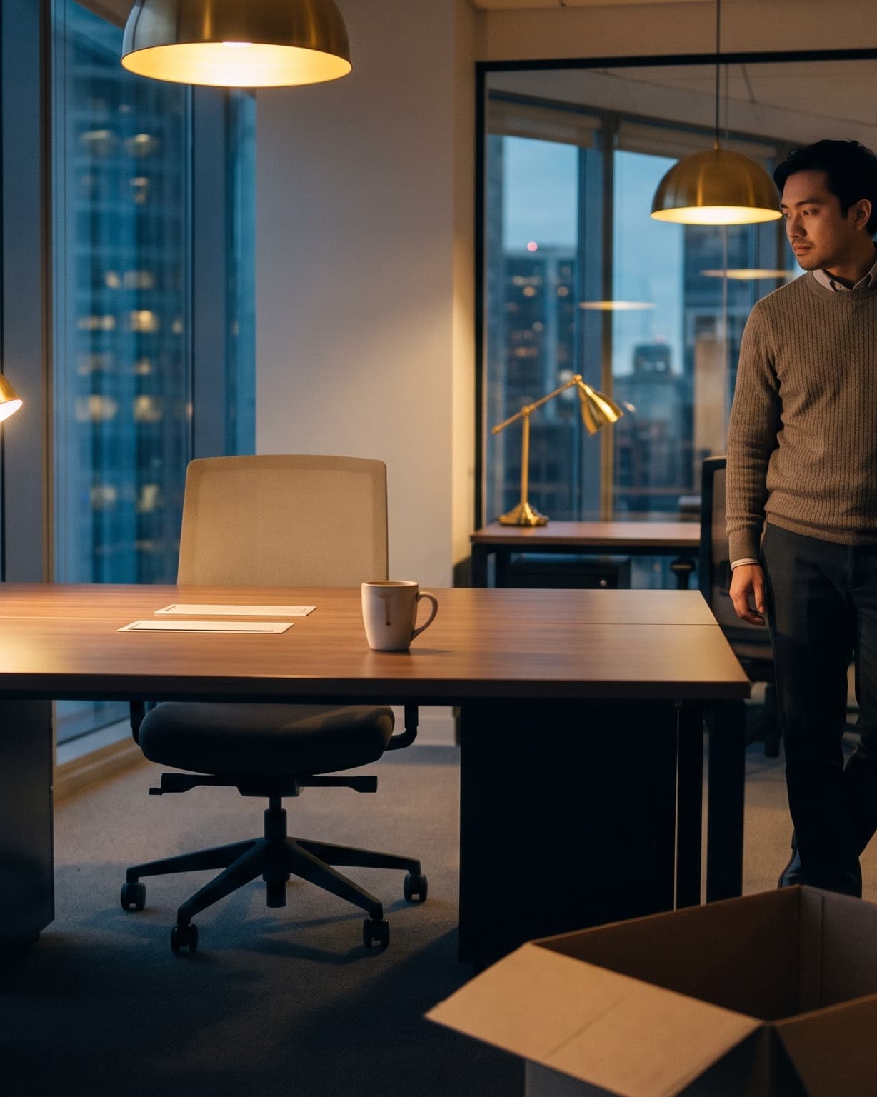 An empty, cleared office desk with the chair pushed in and a packing box, a colleague pausing to look.