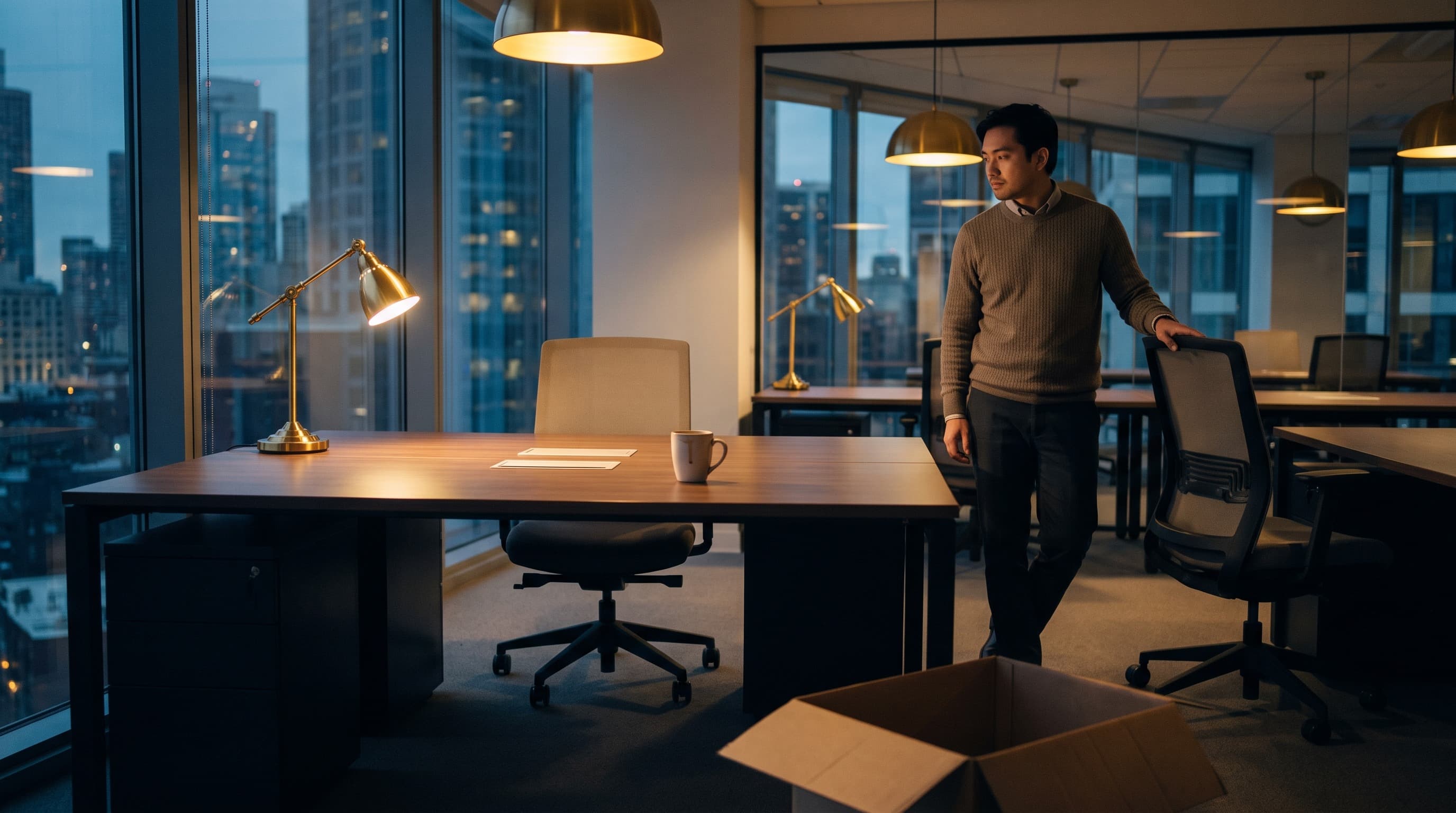 An empty, cleared office desk with the chair pushed in and a packing box, a colleague pausing to look.
