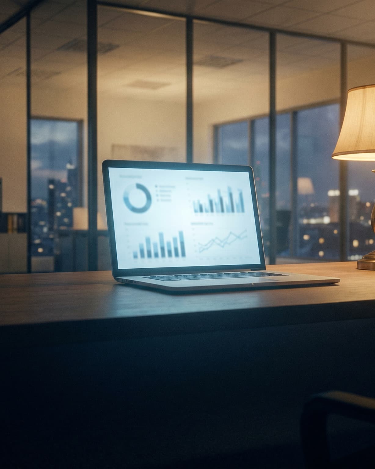An empty office late at night; one laptop left open, glowing with an unread analytics dashboard.