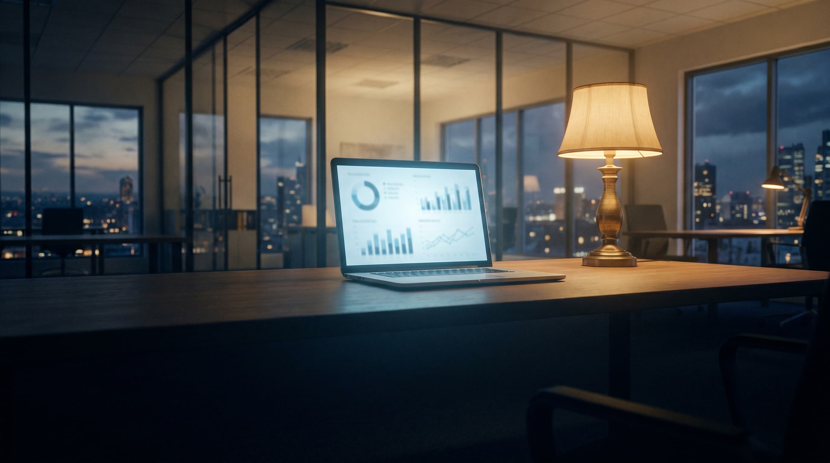 An empty office late at night; one laptop left open, glowing with an unread analytics dashboard.