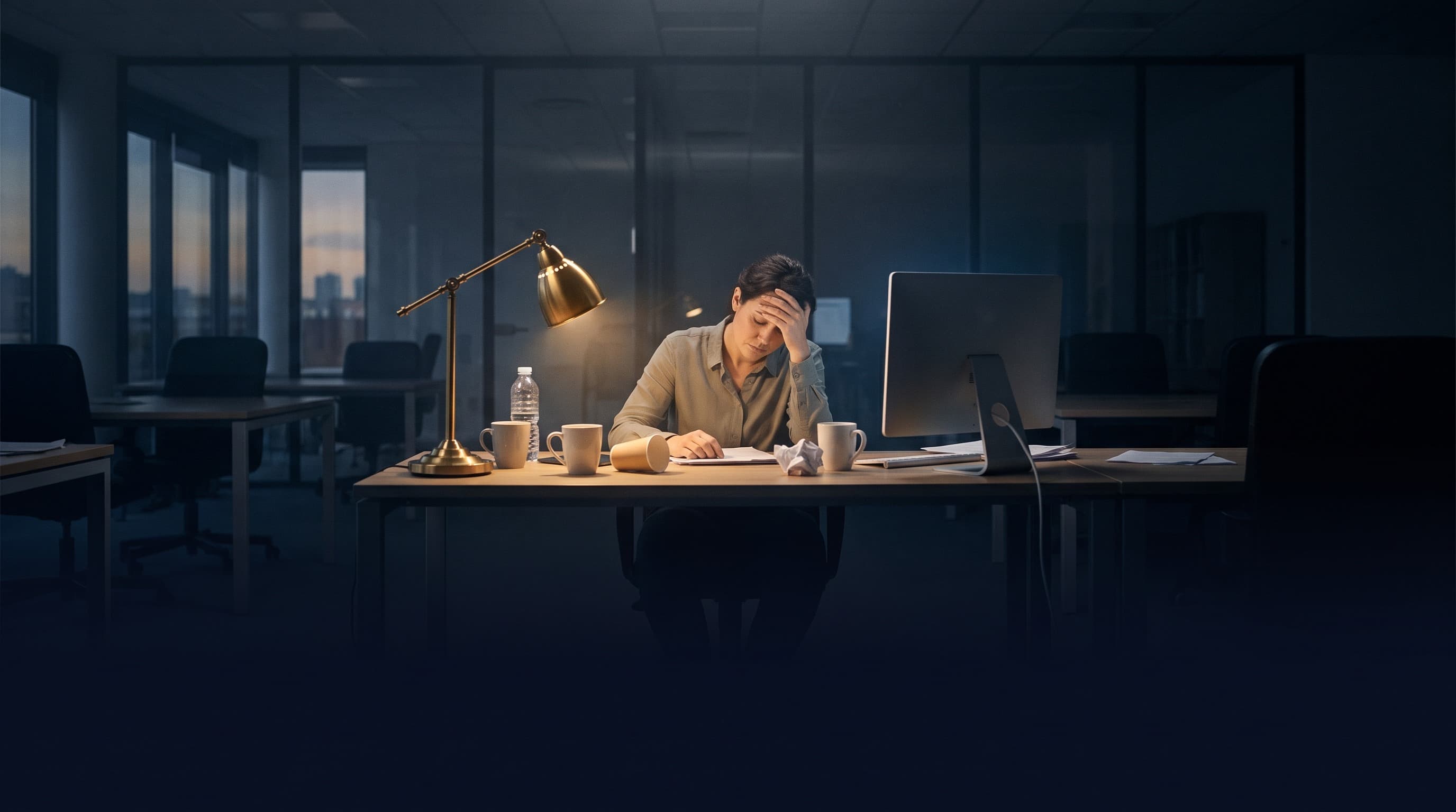 A tired professional working alone late at an office desk, head in hand, beside empty coffee cups.
