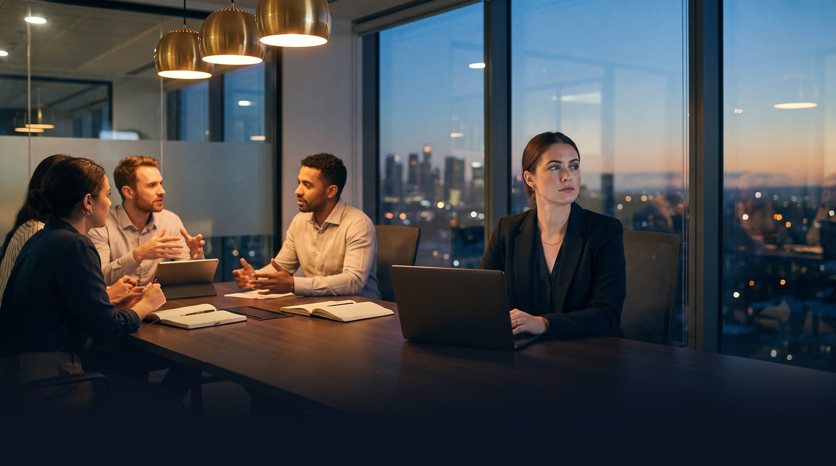 A team meeting in a conference room; one employee at the end of the table has quietly disengaged, gaze drifting to the window.