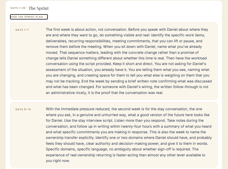 The Plan section of an Anchor brief: a week-by-week 30-day sprint in the manager’s voice.