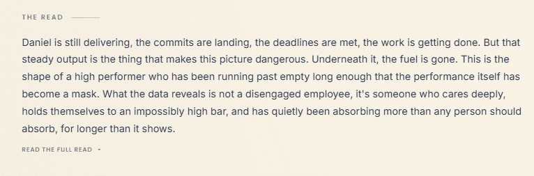 The Read section of an Anchor brief: a plain-language summary of where the employee stands.