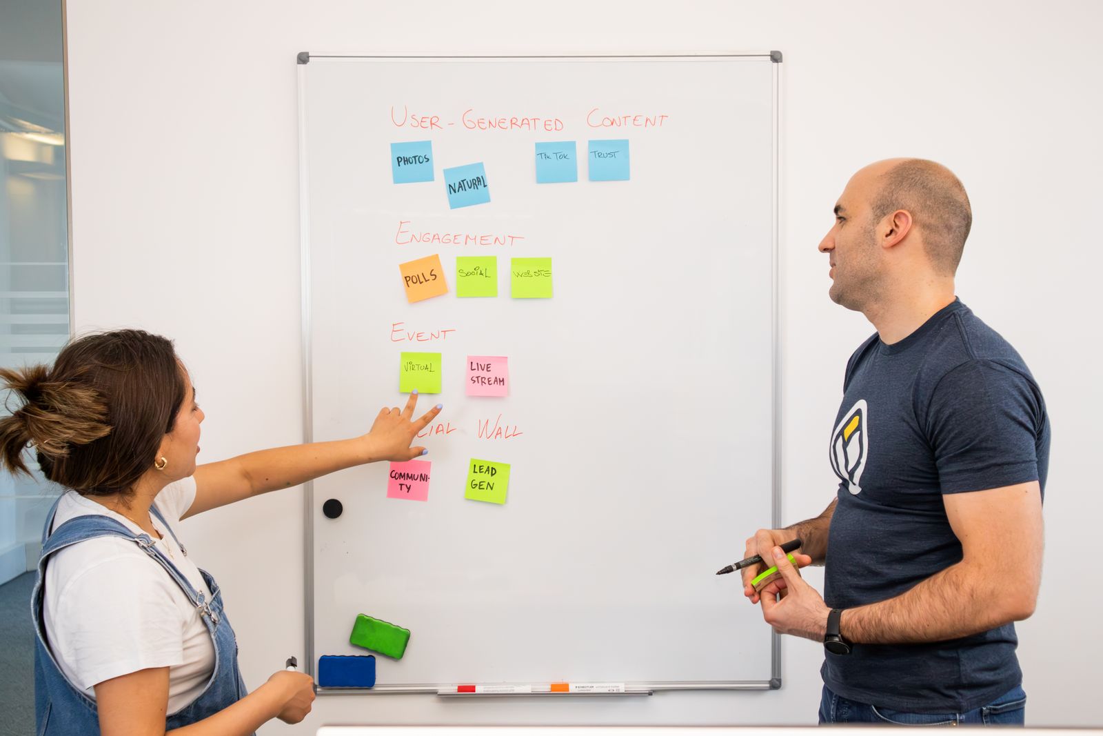 Two people designing a plan together at a board.